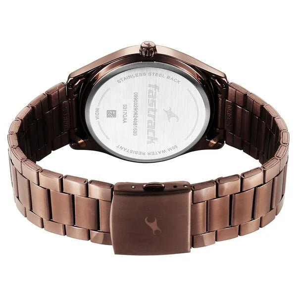 Sophisticated Men’s Analog Watch with Brown Face and Polished Metal Band