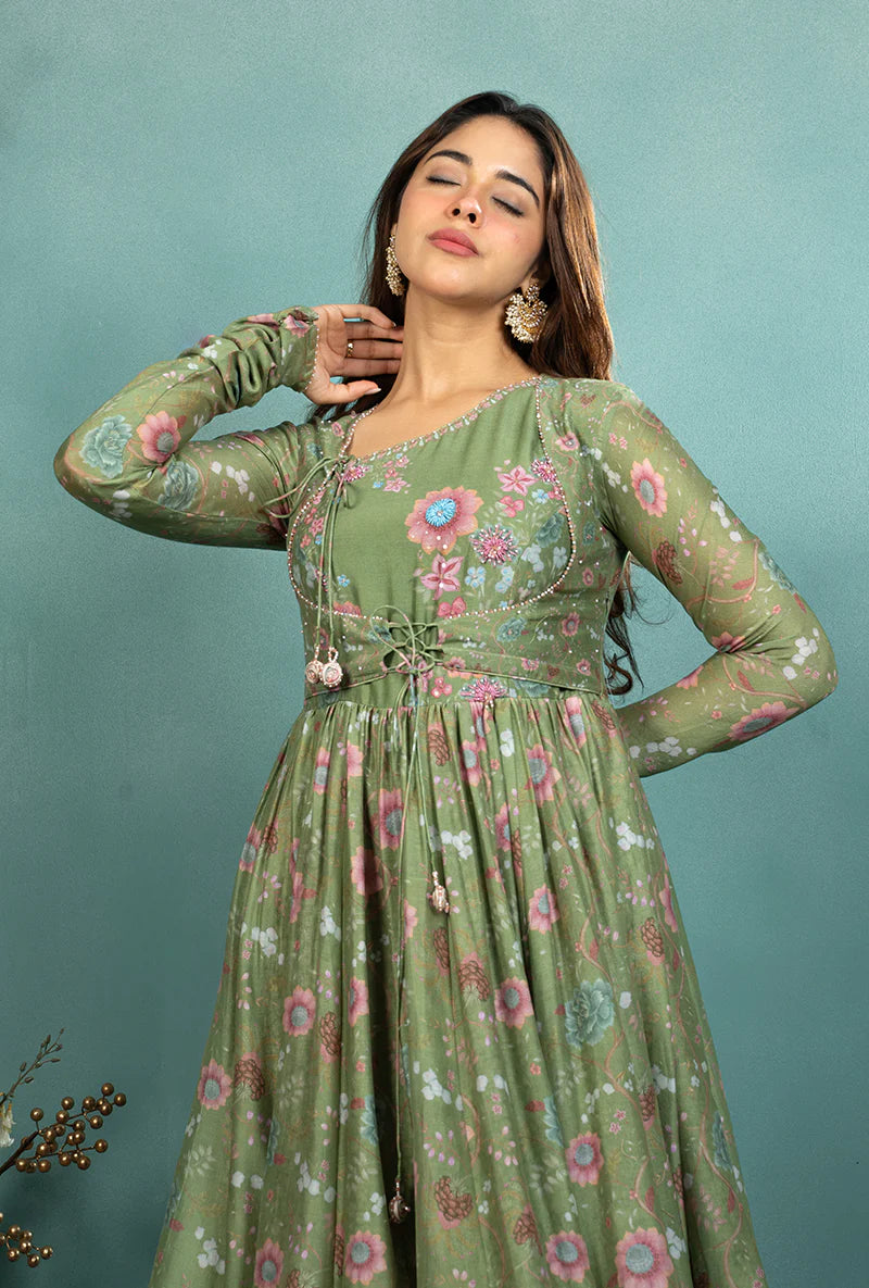 Traditional Dark Green Mughal Koti Anarkali Set for Weddings, Receptions, and Celebrations