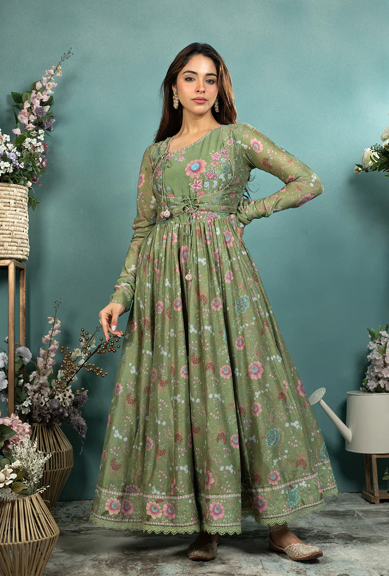 Traditional Dark Green Mughal Koti Anarkali Set for Weddings, Receptions, and Celebrations