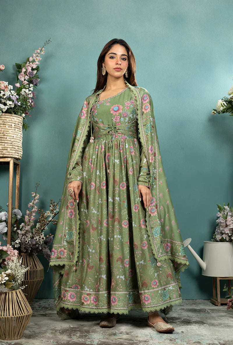 Traditional Dark Green Mughal Koti Anarkali Set for Weddings, Receptions, and Celebrations