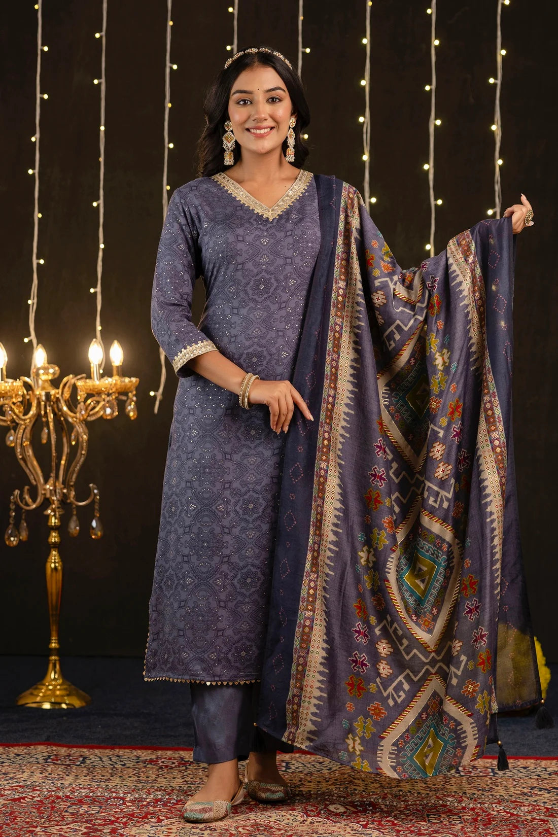 Women Blue Festive Silk Kurta Set with Dupatta for Special Occasions