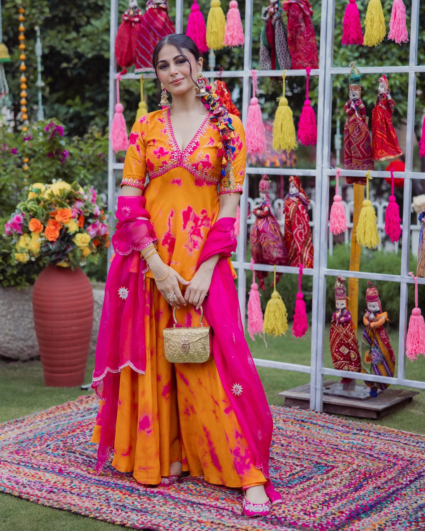 Designer Ritu Orange Pink Tie Dye Muslin Sharara Set with Flowing Silhouette