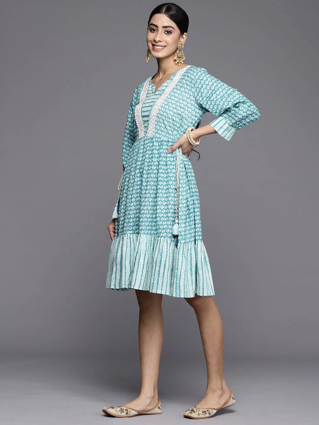 Elegant Turquoise Blue Short Gathered Summer Dress for Women