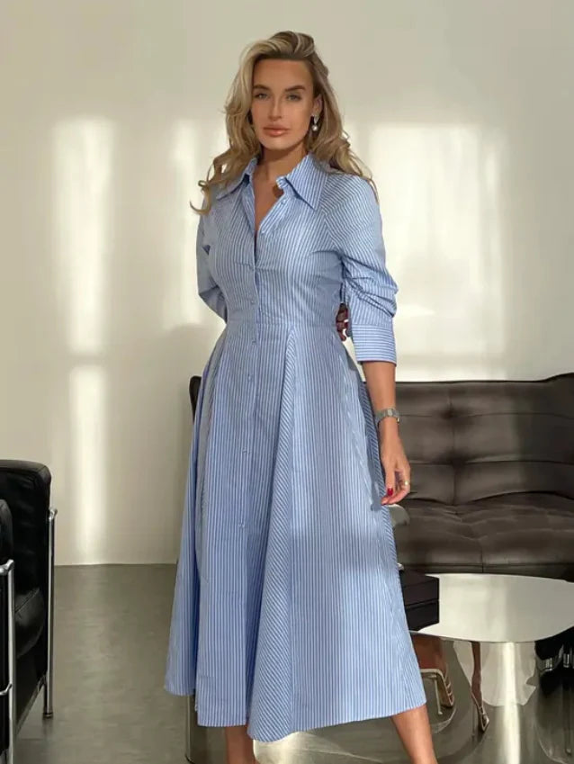 Classic Collar Neck Cotton Striped Shirt Dress for Women