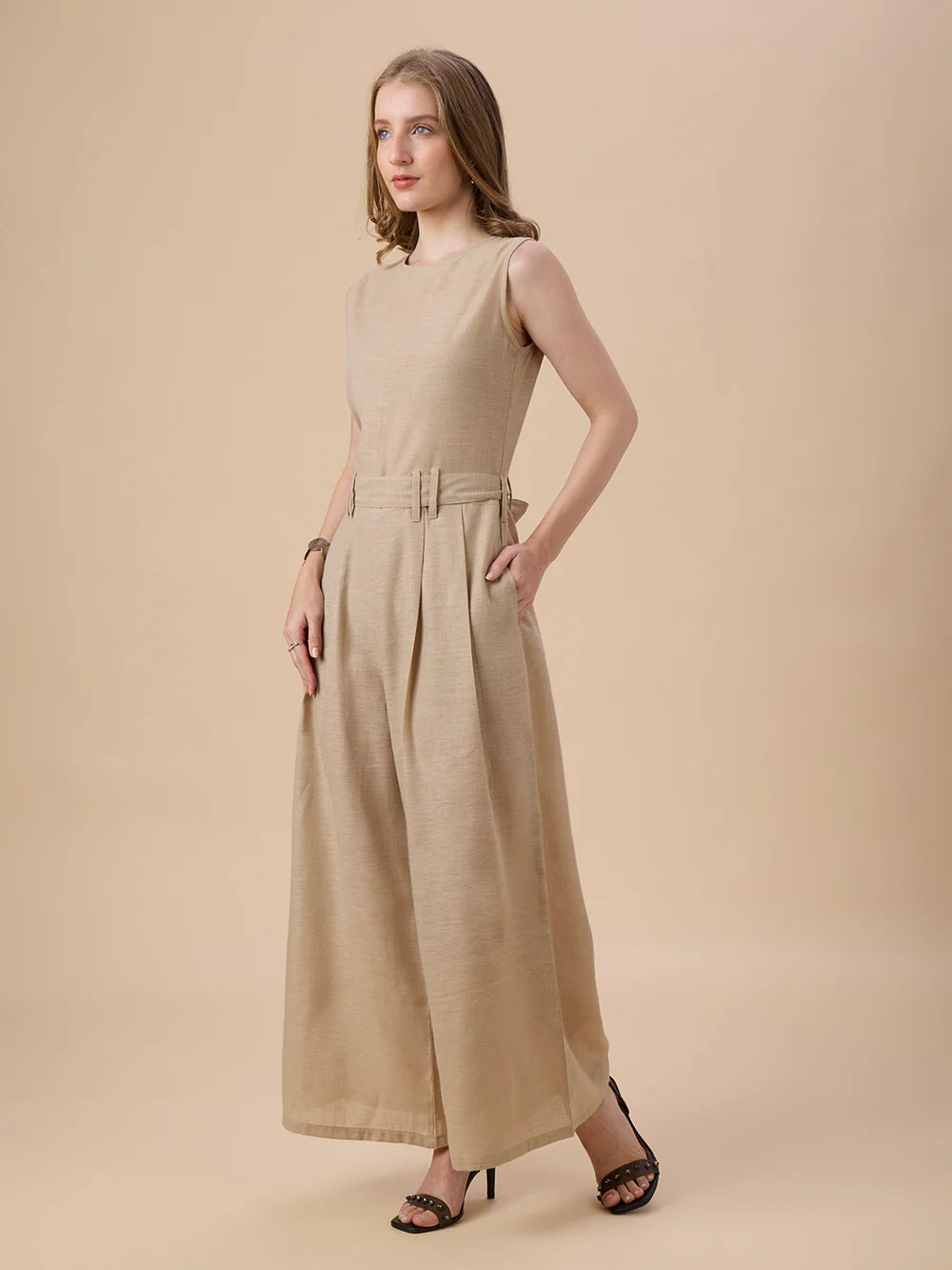Stylish Women’s Beige Full-Length Jumpsuit with Contemporary Design