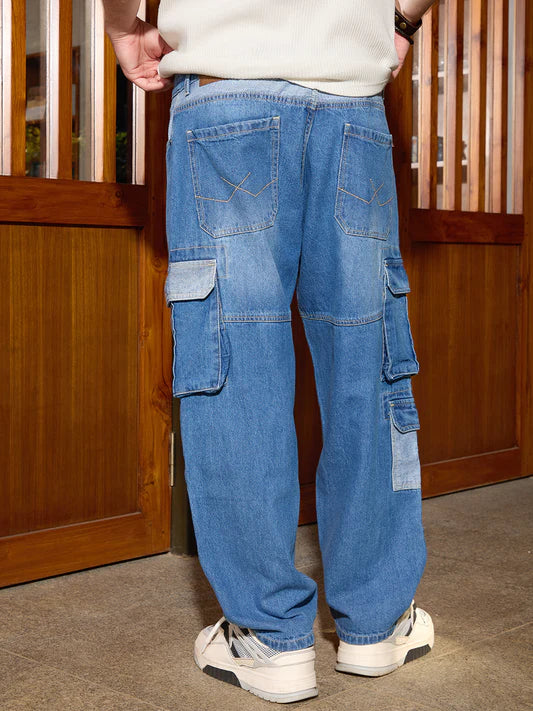Trendy Blue Denim Cargo Jeans with Eye-Catching Colour-Blocked Design for Men