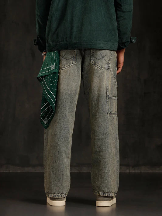 Casual Blue Denim Loose Fit Jeans with Mid-Rise Waist and Slanted Pocket Accents