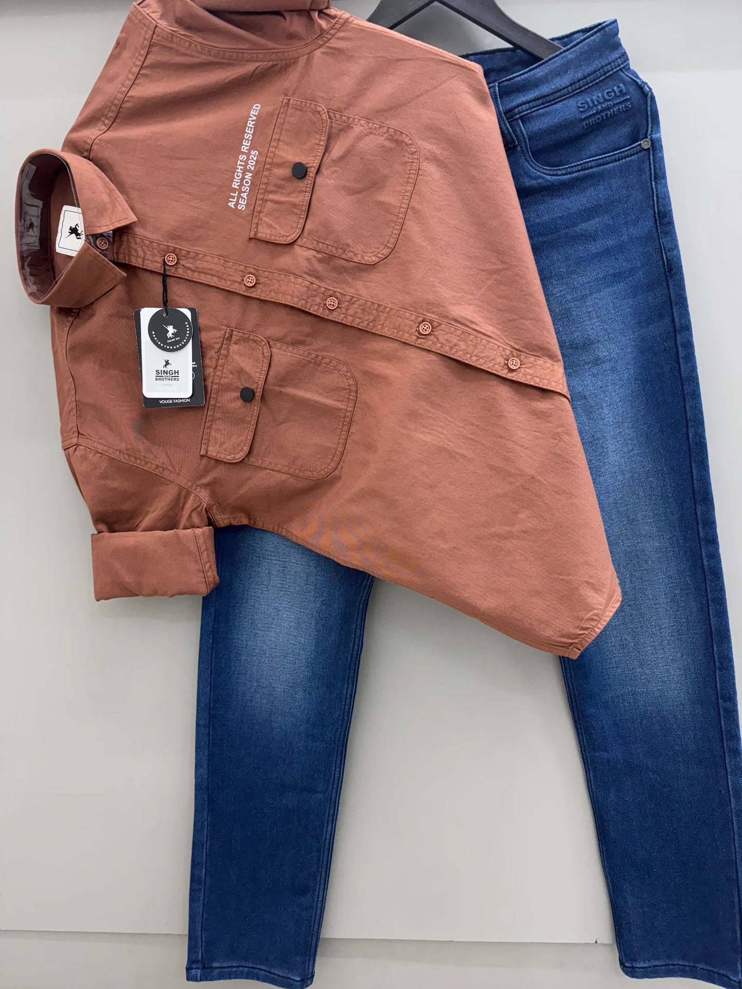 Men’s Double Pocket Shirt Paired with Denim Jeans for Casual, Street, and Weekend Looks