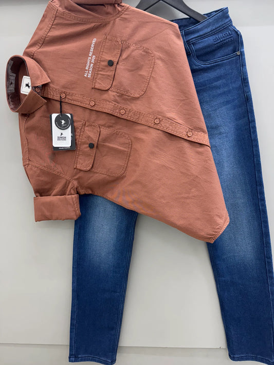 Men’s Double Pocket Shirt Paired with Denim Jeans for Casual, Street, and Weekend Looks