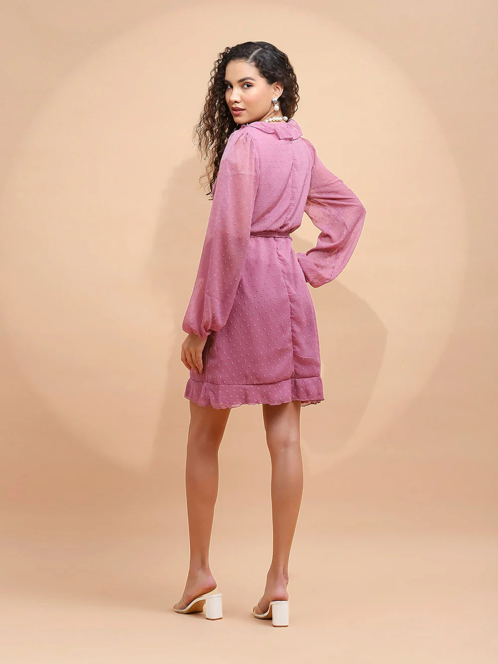Trendy Pink Wrap Dress with Ruffle Details and V-Neck Design for Women