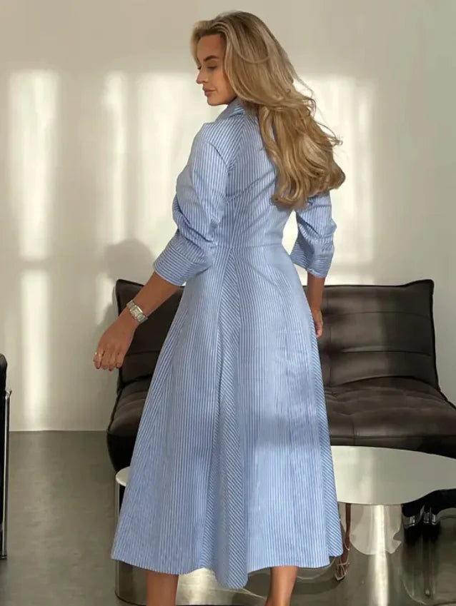 Classic Collar Neck Cotton Striped Shirt Dress for Women