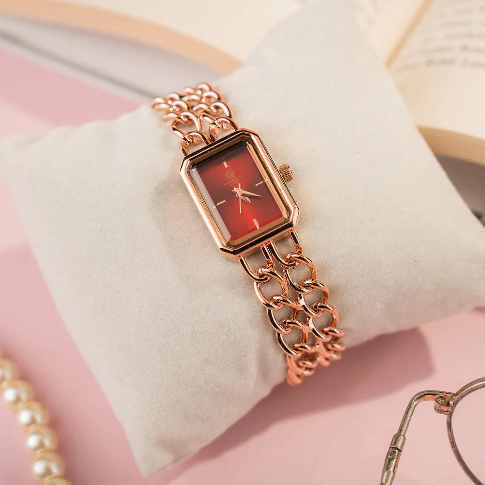 Fashionable Women’s Red Dial Analog Watch Rose Gold Accented Sleek Design