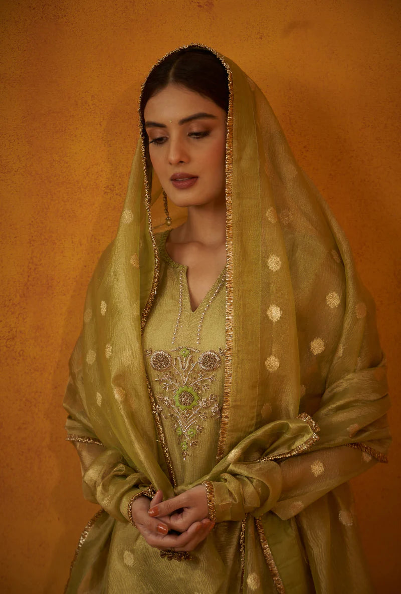 Premium Women’s Green Zardosi Crush Tissue Anarkali Set for Festive and Party Occasions