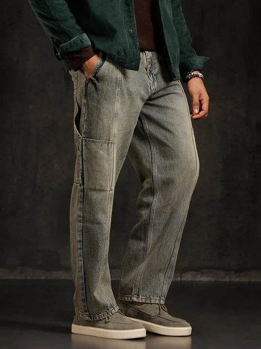 Casual Blue Denim Loose Fit Jeans with Mid-Rise Waist and Slanted Pocket Accents
