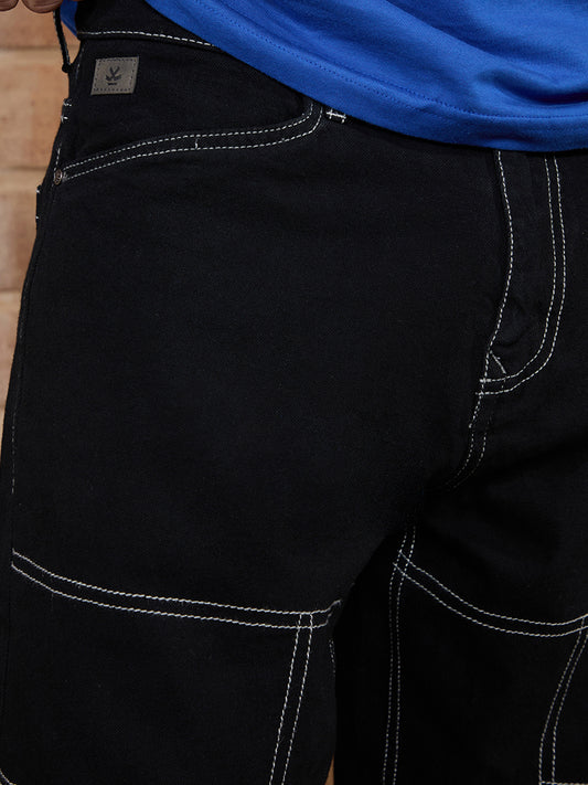 Fashionable Black Loose Fit Jeans with Mid-Rise Waist and Contrast Stitch Highlights