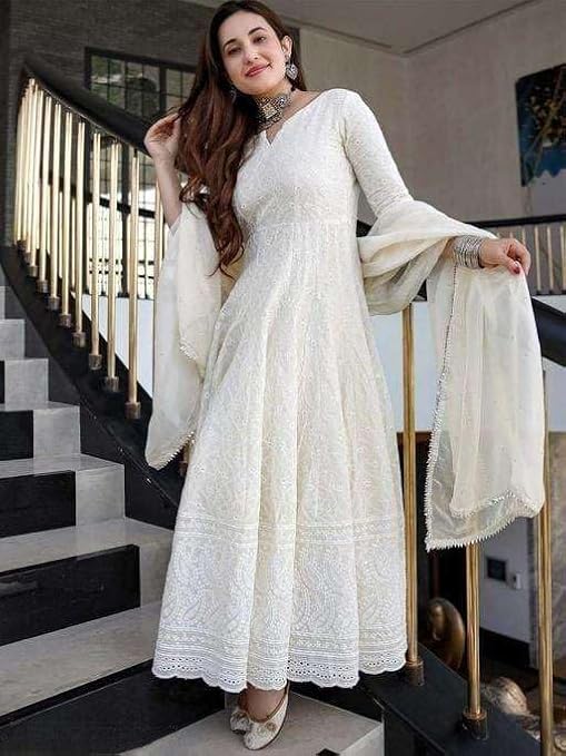 Designer Women’s Cotton Chikankari Anarkali Kurti with Dupatta