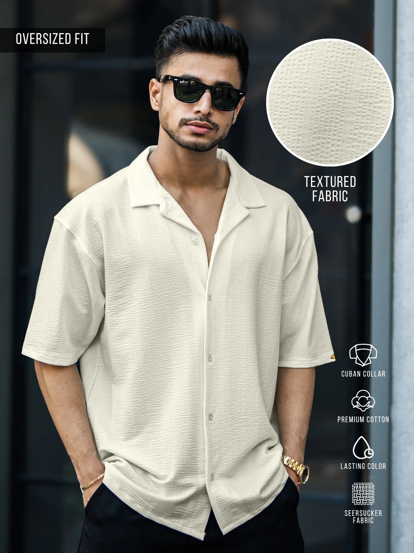 Men’s Beige Seersucker Half Sleeve Shirt Casual Comfort Fit