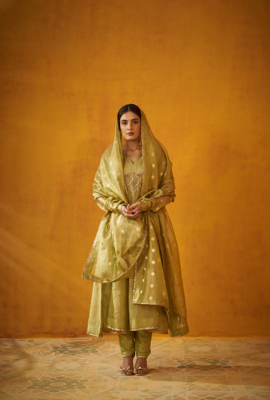 Premium Women’s Green Zardosi Crush Tissue Anarkali Set for Festive and Party Occasions