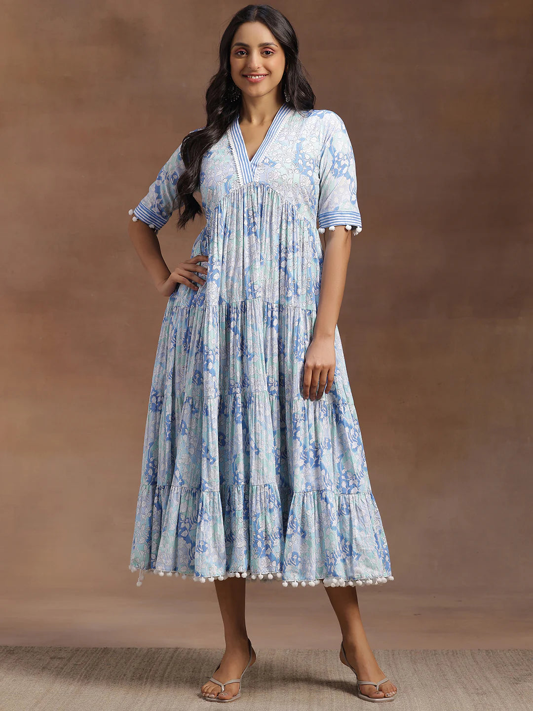 Contemporary Blue Cotton A-Line Dress with Printed Detailing for Women