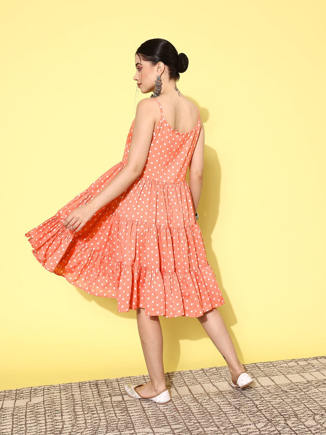 Casual Peach Polka Dot Printed Summer Dress for Women