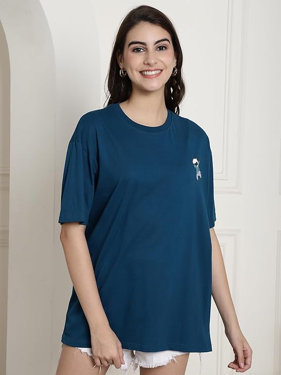 Women’s Fashionable Cotton Blend T Shirt Round Neck Dark Blue with Graphic Print