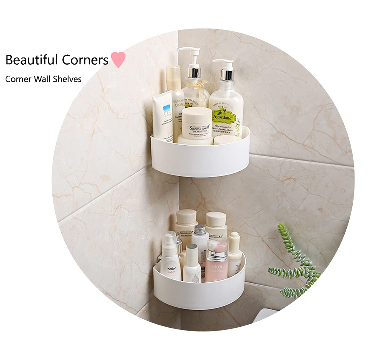 Round Corner Wall Shelves 2 Pieces with Soap Holders Kitchen and Bathroom Multipurpose Shelf Self Adhesive Hooks Strong Shower Storage Rack White