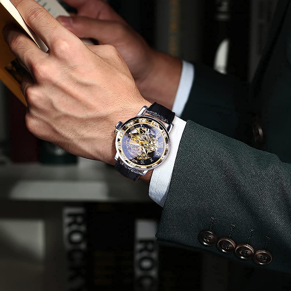Elegant Men’s Manual Mechanical Skeleton Watch Classic Roman Number Diamond Accent Wristwatch
