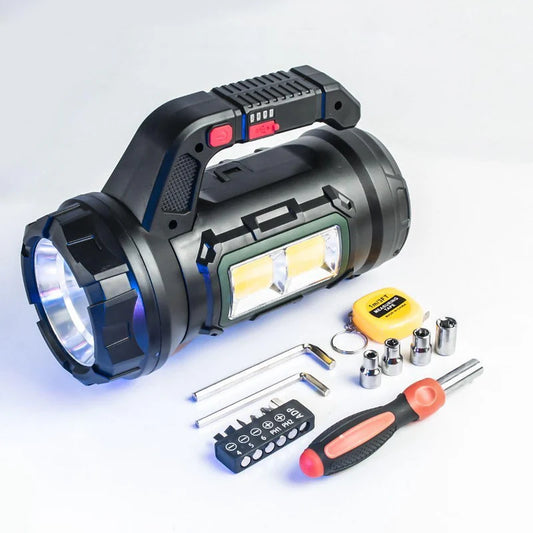 High Power LED Flashlight with Hidden Tool Box and USB Charging for Car and Home
