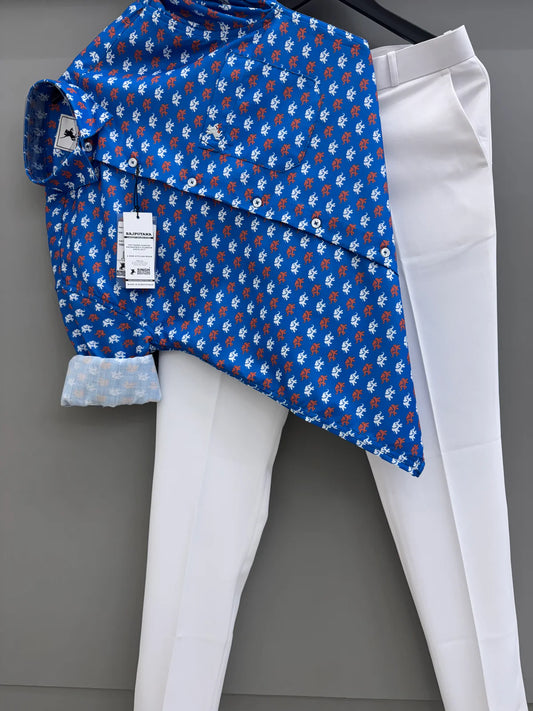 Comfortable Men’s Blue Elephant Printed Shirt with White Pant Lightweight Fabric