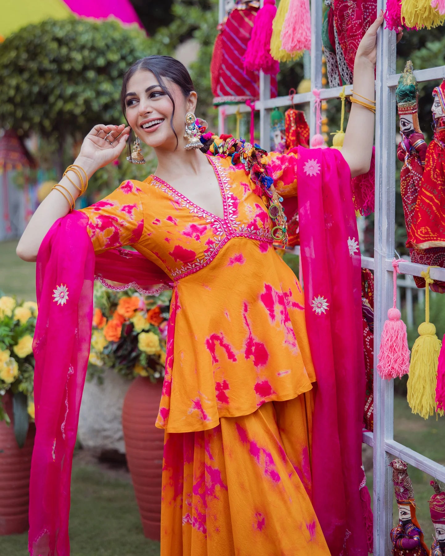 Designer Ritu Orange Pink Tie Dye Muslin Sharara Set with Flowing Silhouette