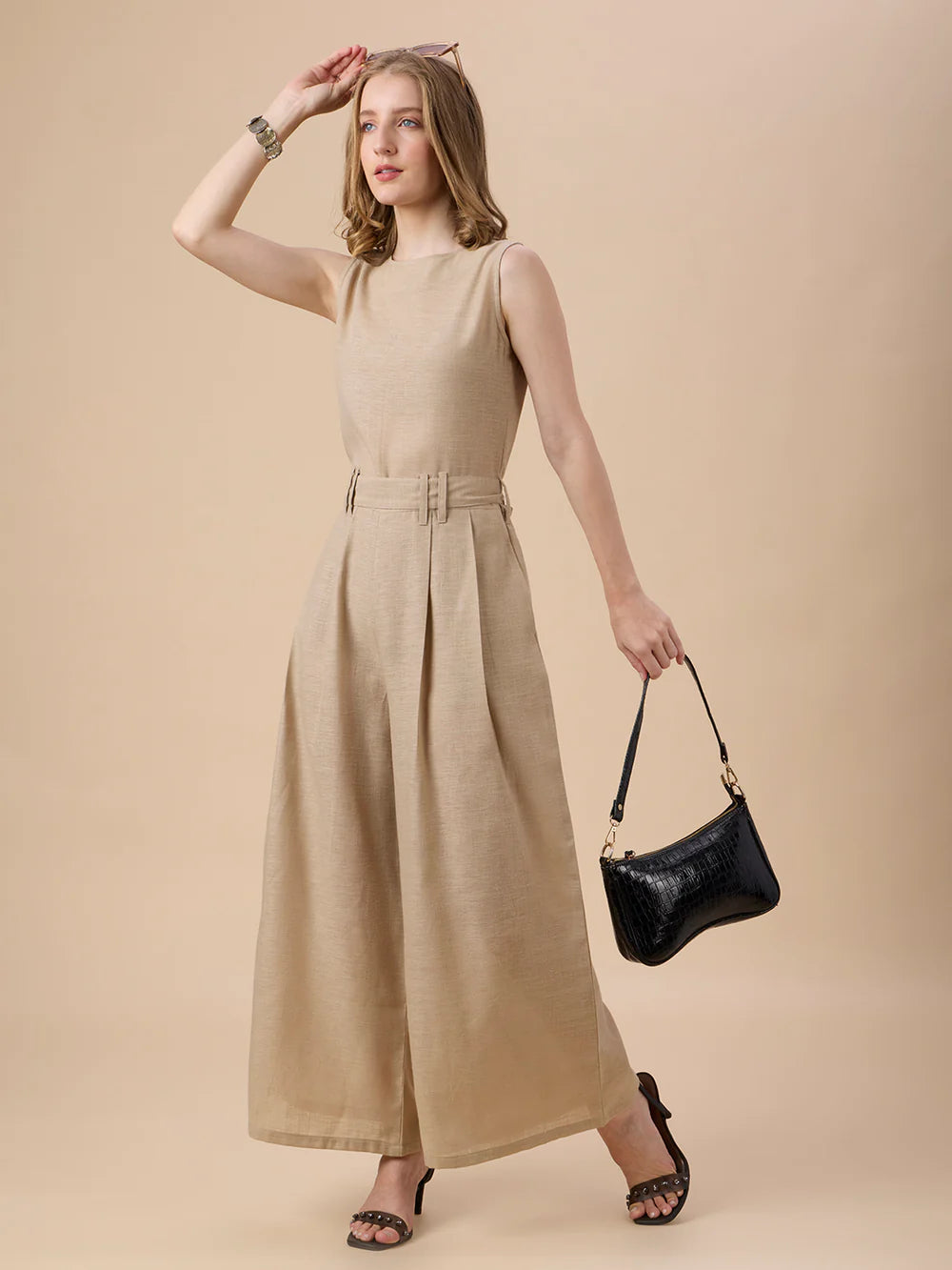 Stylish Women’s Beige Full-Length Jumpsuit with Contemporary Design