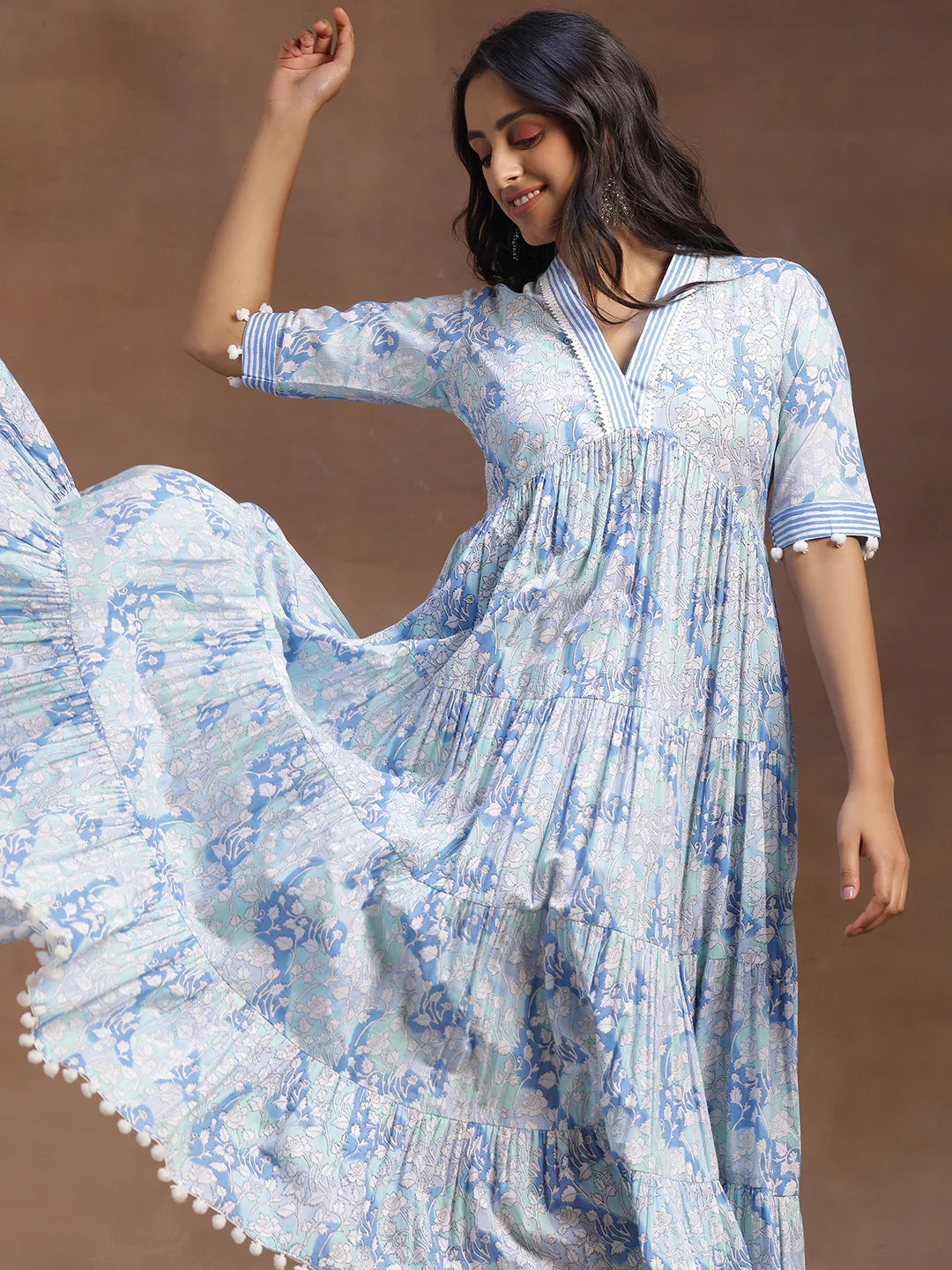 Contemporary Blue Cotton A-Line Dress with Printed Detailing for Women