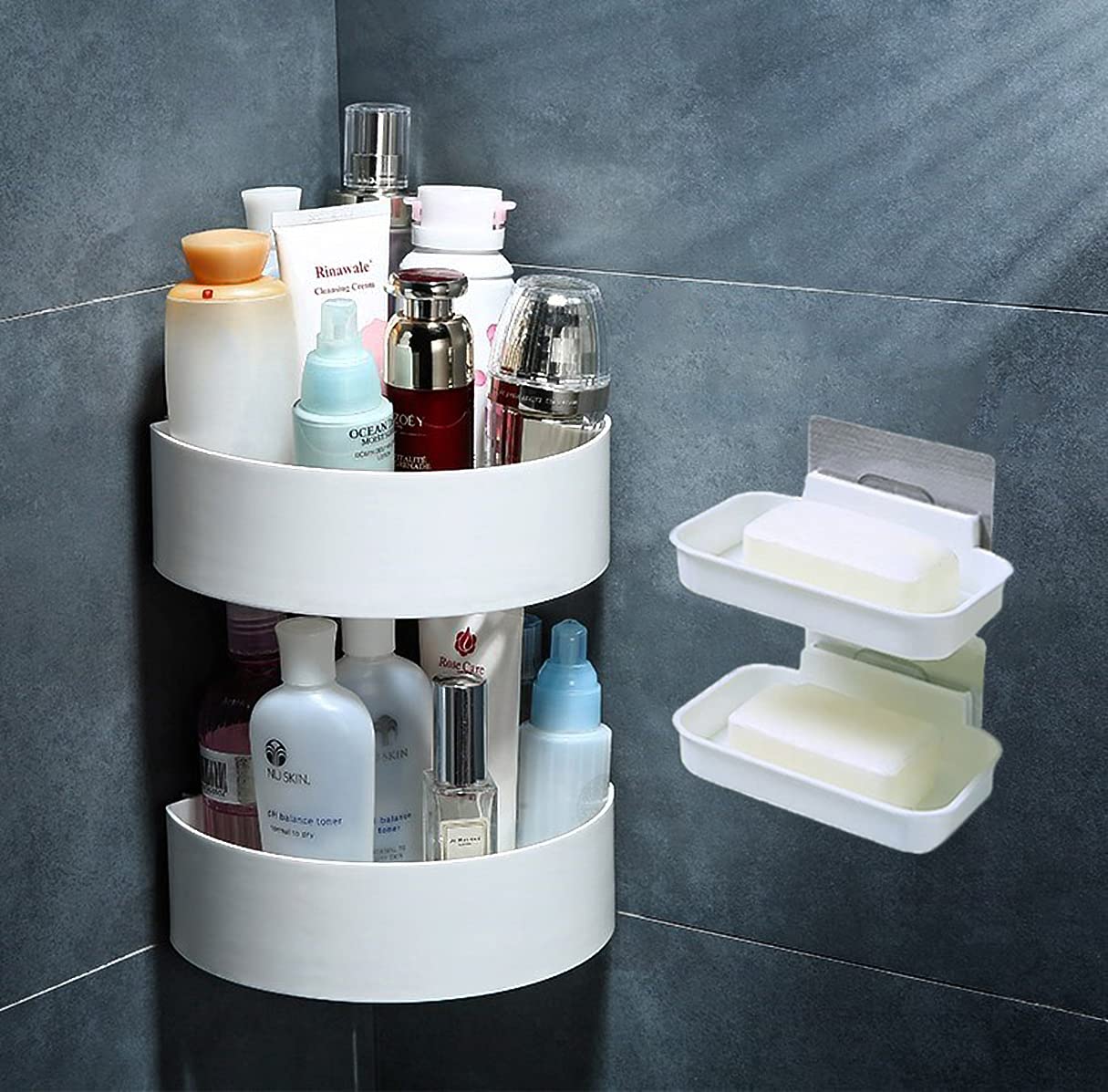 Round Corner Wall Shelves 2 Pieces with Soap Holders Kitchen and Bathroom Multipurpose Shelf Self Adhesive Hooks Strong Shower Storage Rack White