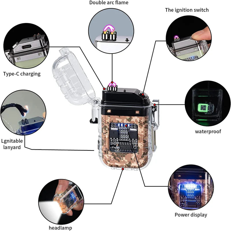 Dual Arc Windproof and Waterproof Lighter with Torch and C Type Charging