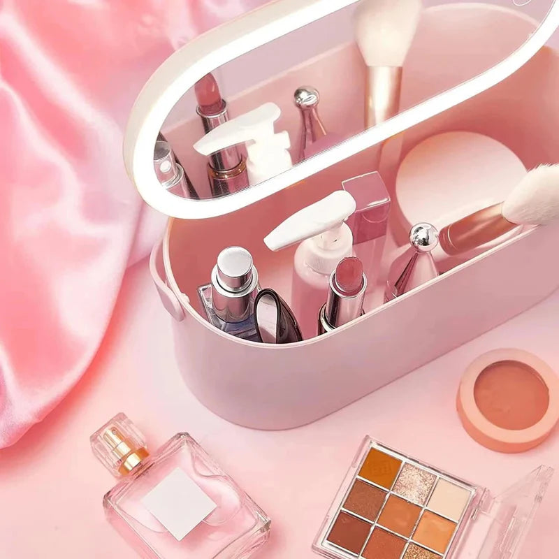 Cosmetic Organizer with Detachable LED Mirror Portable Makeup Case