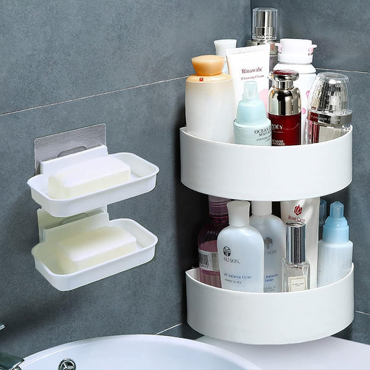 Round Corner Wall Shelves 2 Pieces with Soap Holders Kitchen and Bathroom Multipurpose Shelf Self Adhesive Hooks Strong Shower Storage Rack White