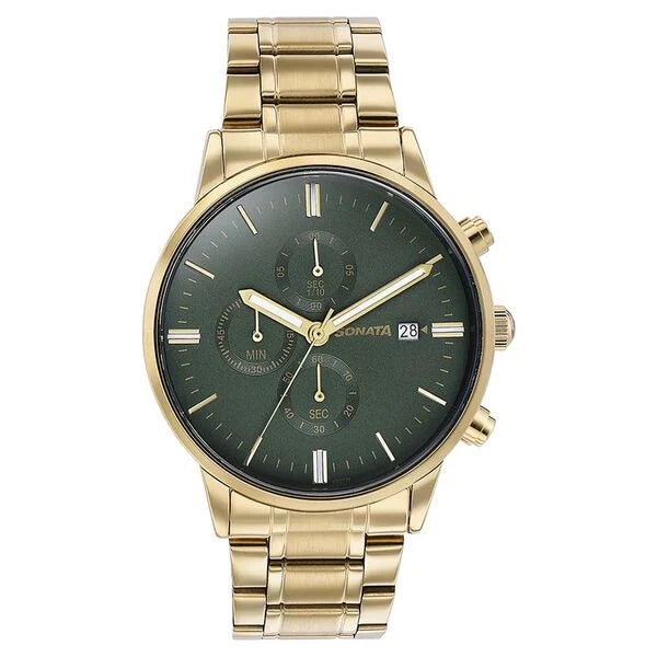 Durable Green Dial Gold Stainless Steel Strap Timepiece for Men
