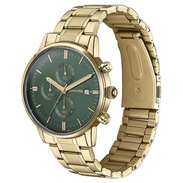 Durable Green Dial Gold Stainless Steel Strap Timepiece for Men