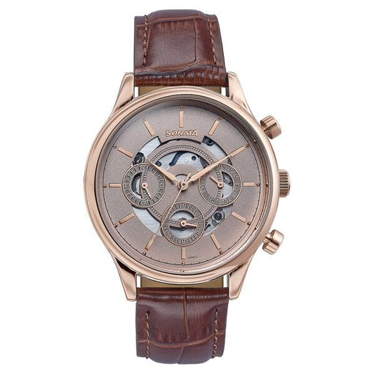 Trendy Men’s Multifunction Quartz Watch with Sleek Pink Dial and Leather Band