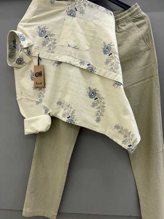 Premium Linen Printed Shirt Paired with Linen Pants for Men’s Smart Casual and Vacation Wear