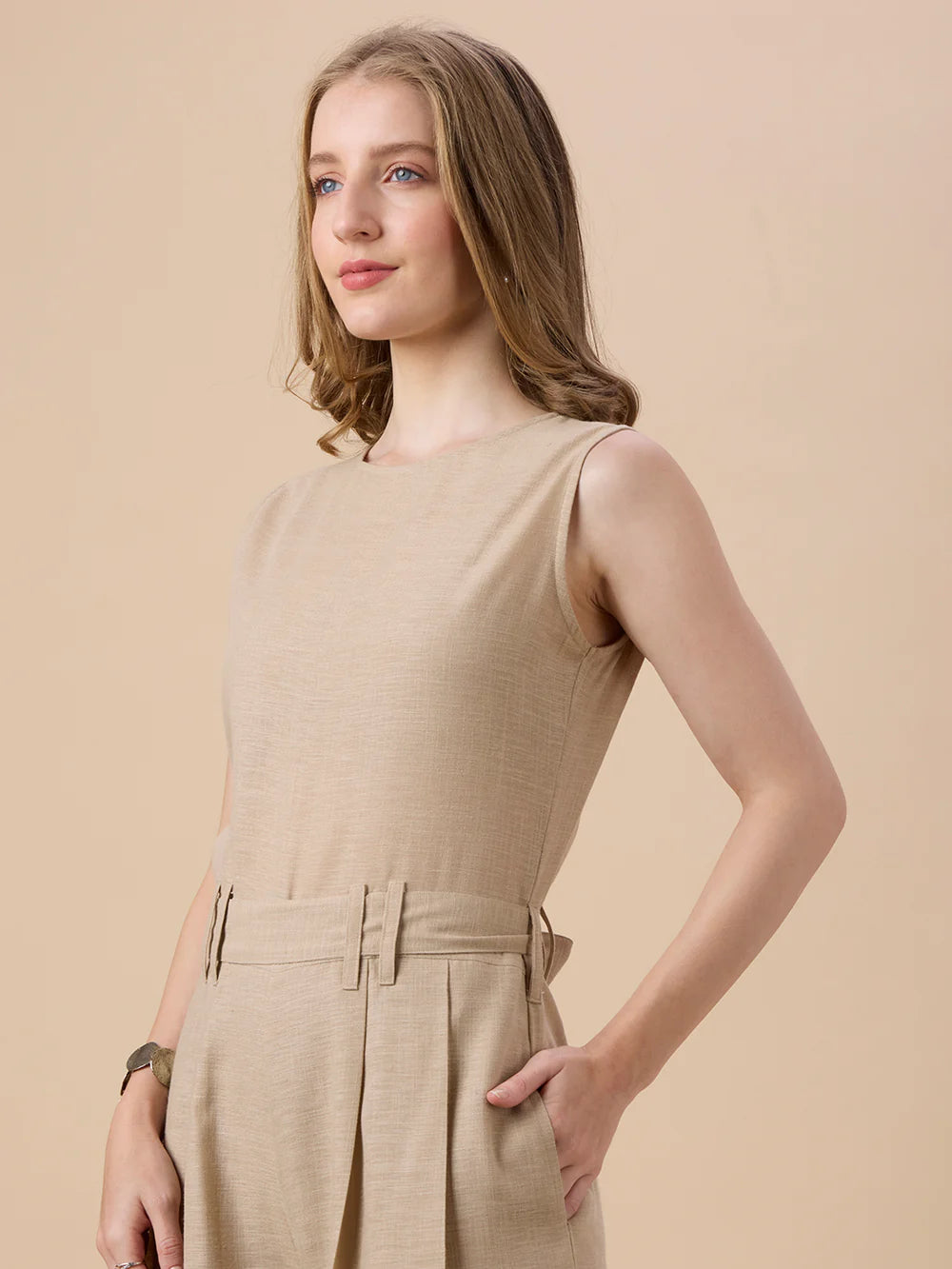 Stylish Women’s Beige Full-Length Jumpsuit with Contemporary Design