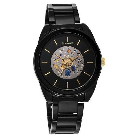 Fashionable Black Dial Watch with Multifunction Features and Stainless Steel Bracelet