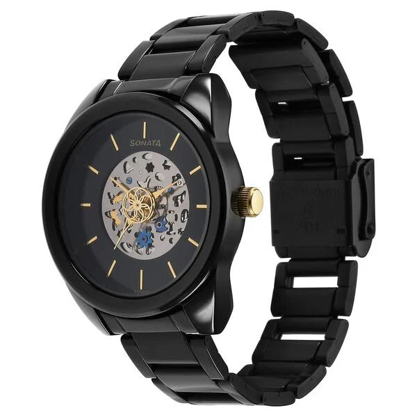 Fashionable Black Dial Watch with Multifunction Features and Stainless Steel Bracelet