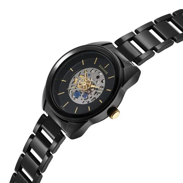 Fashionable Black Dial Watch with Multifunction Features and Stainless Steel Bracelet