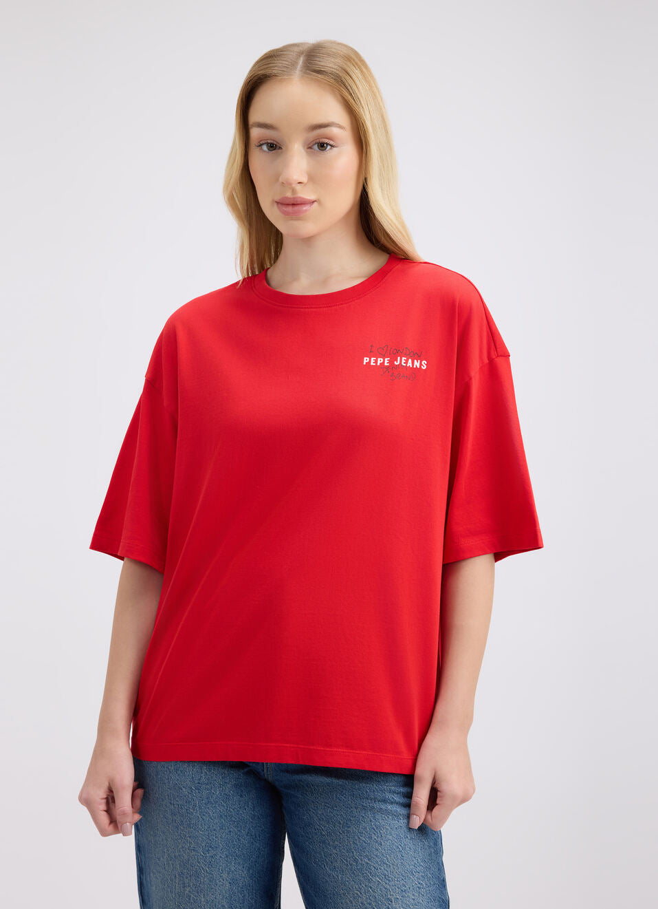 Red Back Print Relaxed Fit Short Sleeve T-Shirt for Women