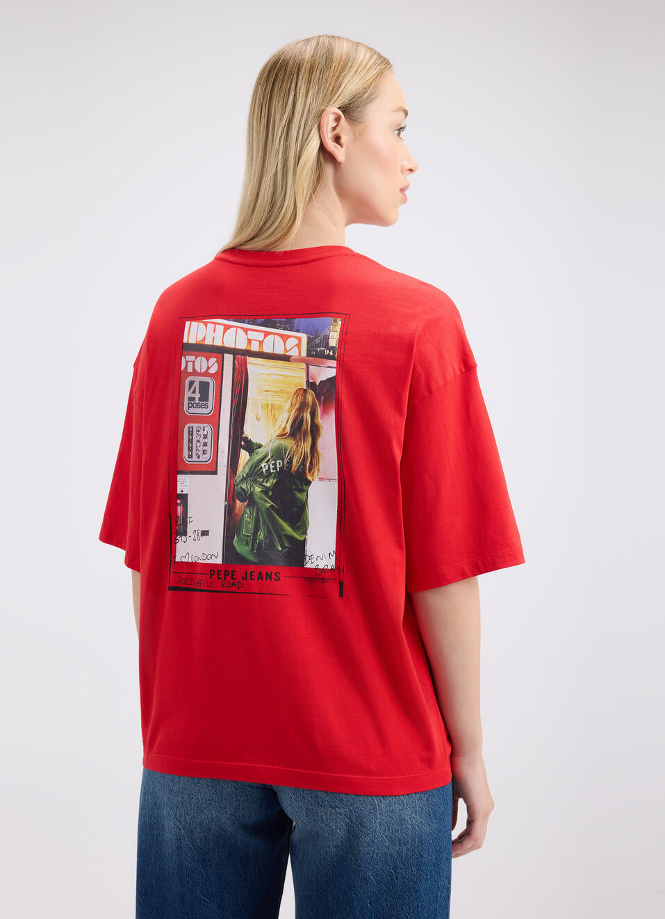 Red Back Print Relaxed Fit Short Sleeve T-Shirt for Women