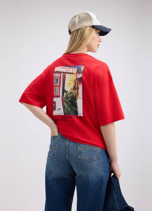 Red Back Print Relaxed Fit Short Sleeve T-Shirt for Women