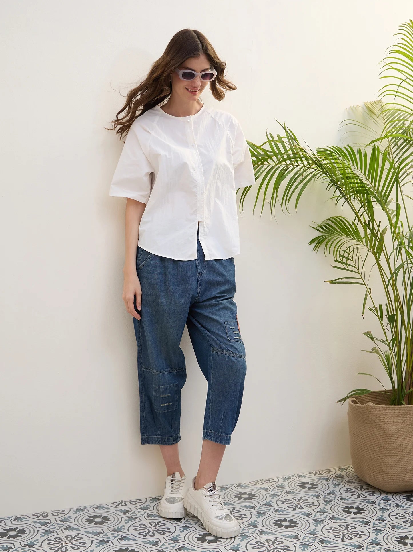 Wide Leg Cargo Jeans for Women Featuring Two Tone Design