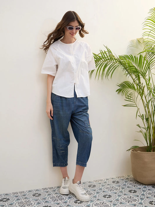 Wide Leg Cargo Jeans for Women Featuring Two Tone Design