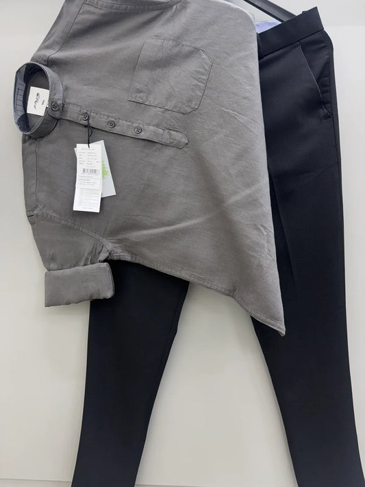Stylish Short Kurta Charcoal Grey with Black Formal Pant Men’s Traditional Outfit